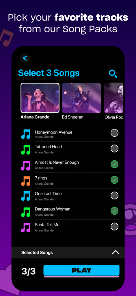 Blind Karaoke - Interface of Blind Karaoke app showing a song selection screen with a list of Ariana Grande tracks and thumbnails of Ed Sheeran and Olivia Rodrigo.