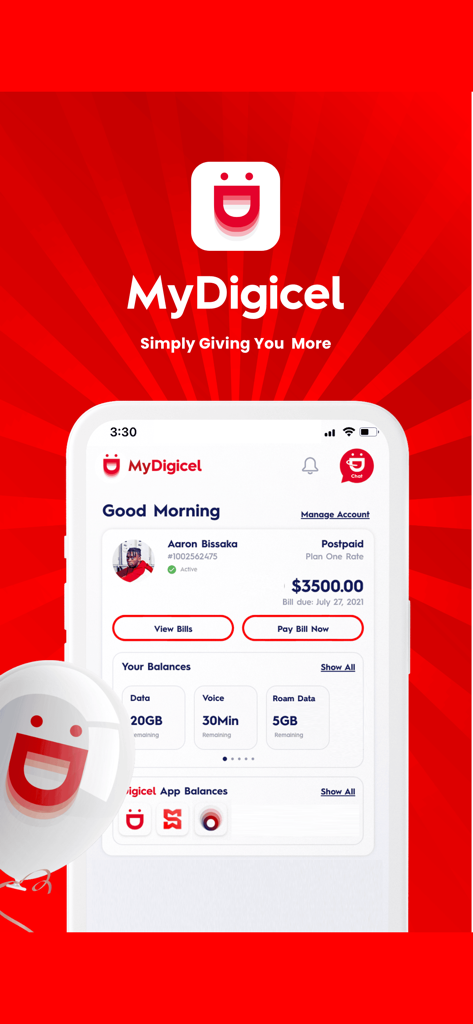 MyDigicel - MyDigicel app interface displaying account balance, bill payment options, and mobile data usage.