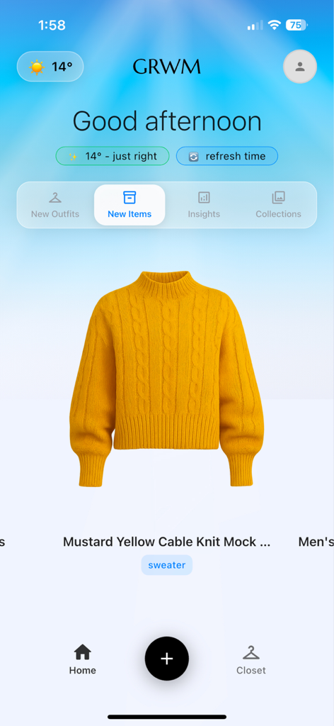 The home screen of the GRWM app showing a mustard yellow cable knit sweater and weather information