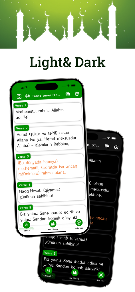 Azerbaijani Quran - Azerbaijani Quran app interface in light and dark modes