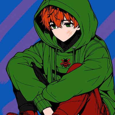 realistic anime boy sitting down with his hoodie bee his head looking down