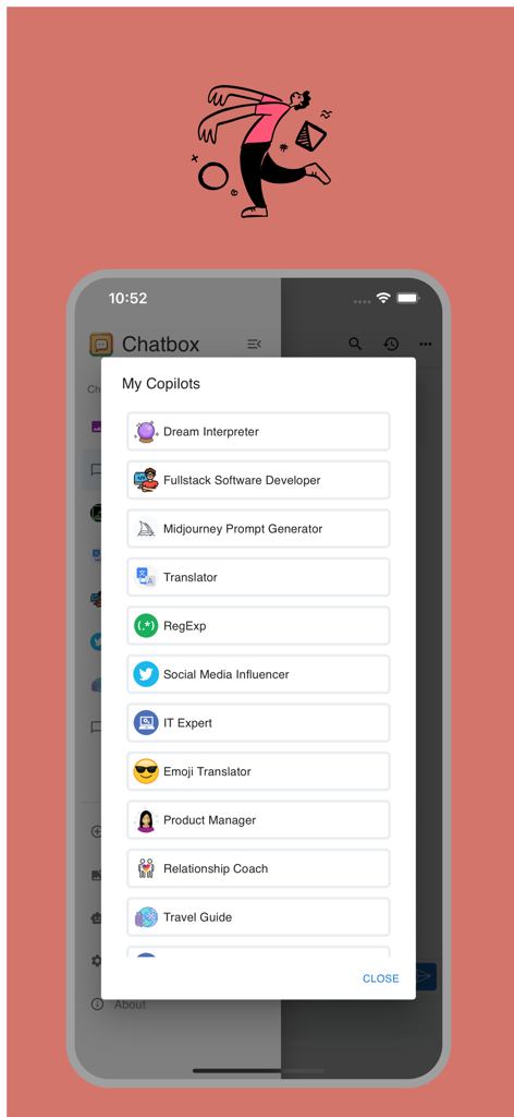 Interface mobile Chatbox affichant une variété de copilotes IA spécialisés comme Développeur Logiciel Fullstack et Chef de Produit.