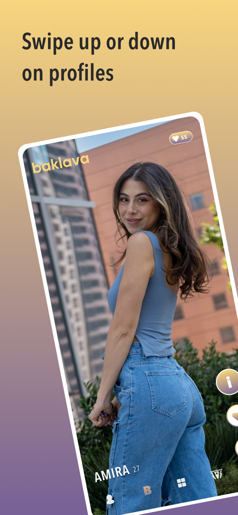 baklava: Arab Relationships - Benutzeroberfläche des Benutzerprofils auf der Baklava Araber-Dating-App mit Anweisungen zur Profilwischnavigation