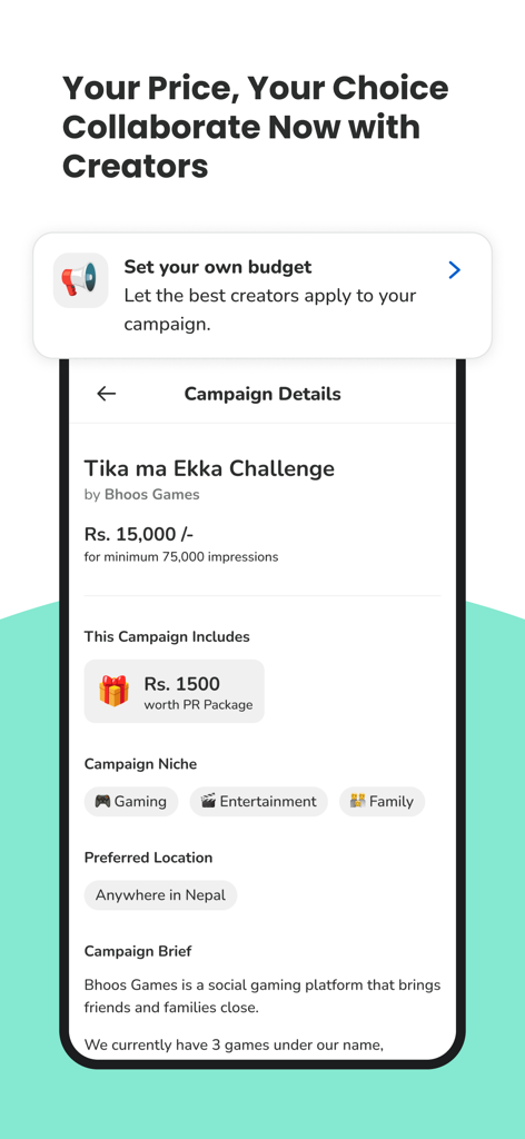 Uptrendly mobile app interface showing campaign details budget settings and niche categories for influencer marketing collaborations