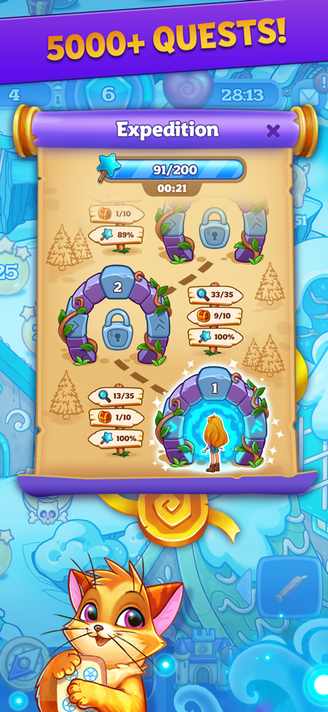 Expeditionsbildschirm von Mahjong Treasure Quest zeigt eine Karte mit Quests und einem niedlichen Katzencharakter