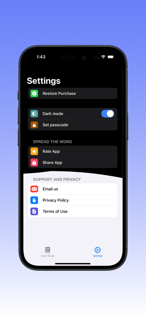 CashBook: Cash management - CashBook app settings screen featuring dark mode toggle passcode lock and support options