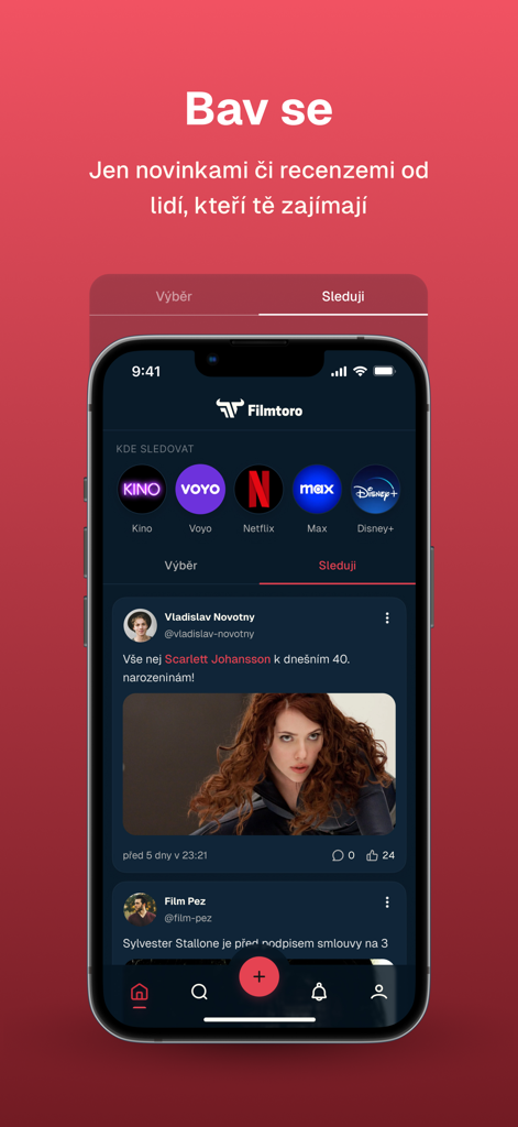 Filmtoro app interface showing a social feed with movie news and icons for various streaming services
