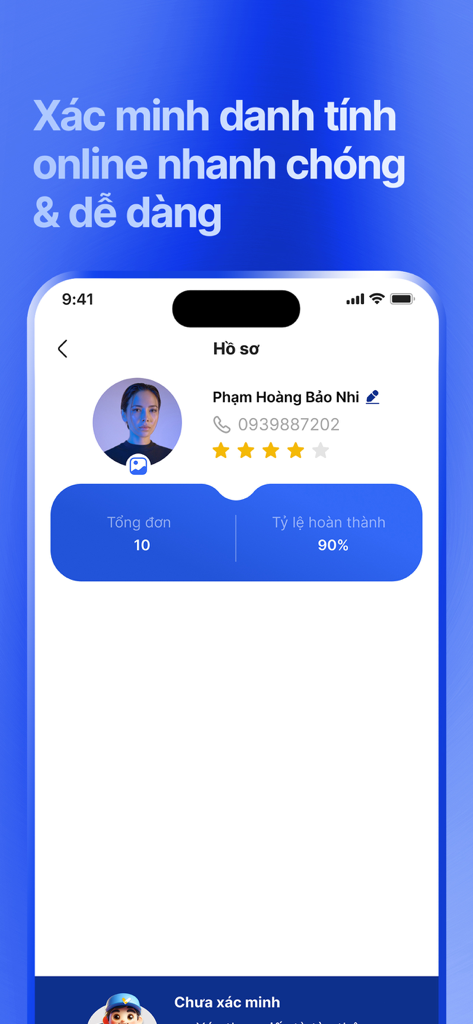 Vua Tho app profile screen for identity verification and service provider ratings