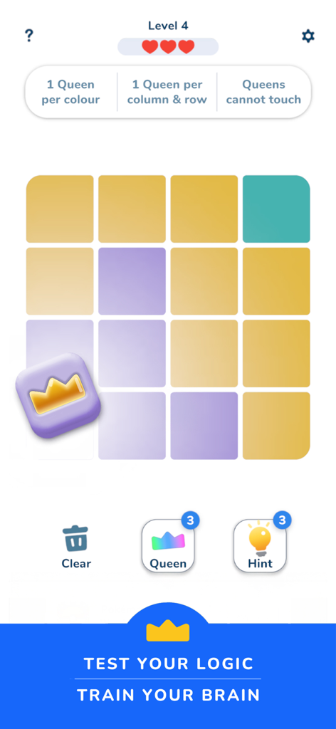 Queens Master: Sudoku Puzzle - Queens Master 게임 인터페이스로, 색상 타일이 있는 4x4 그리드와 퀸이 서로 닿거나 같은 행을 공유하지 않도록 배치하는 규칙 표시
