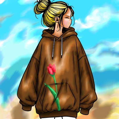 realistic girl with a oversized sweatshirt on and a bun