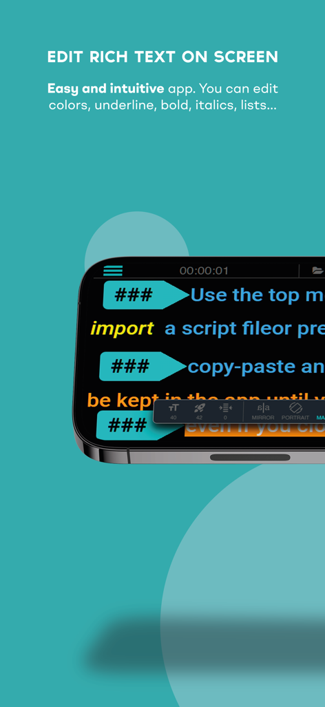TeleprompterPAD - Interface do TeleprompterPAD mostrando opções de edição de texto rico para roteiros em uma tela de smartphone