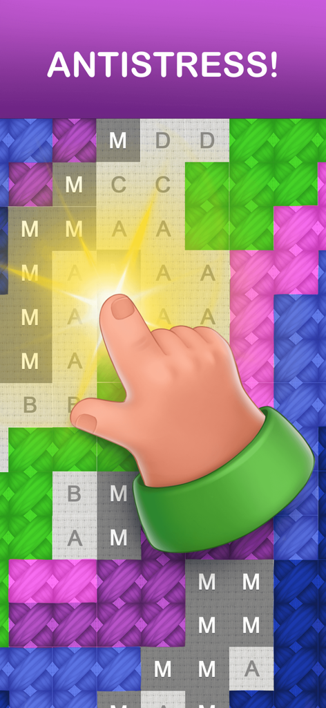 Cross Stitch: Pixel puzzle art - Eine digitale Kreuzstich-Schnittstelle, die eine Hand zeigt, die farbige Quadrate auf einem Buchstabenraster mit dem Wort Antistress berührt