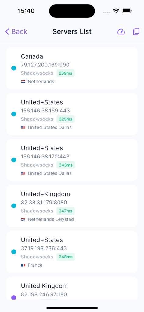 ShadowShare - ShadowShare-App-Oberfläche, die eine Liste verfügbarer Shadowsocks-Proxy-Server aus verschiedenen Regionen wie den USA und Großbritannien anzeigt.