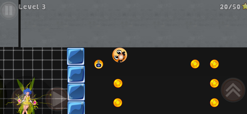 Orange ball character with a mustache collecting stars in a dark level with a fairy helper.