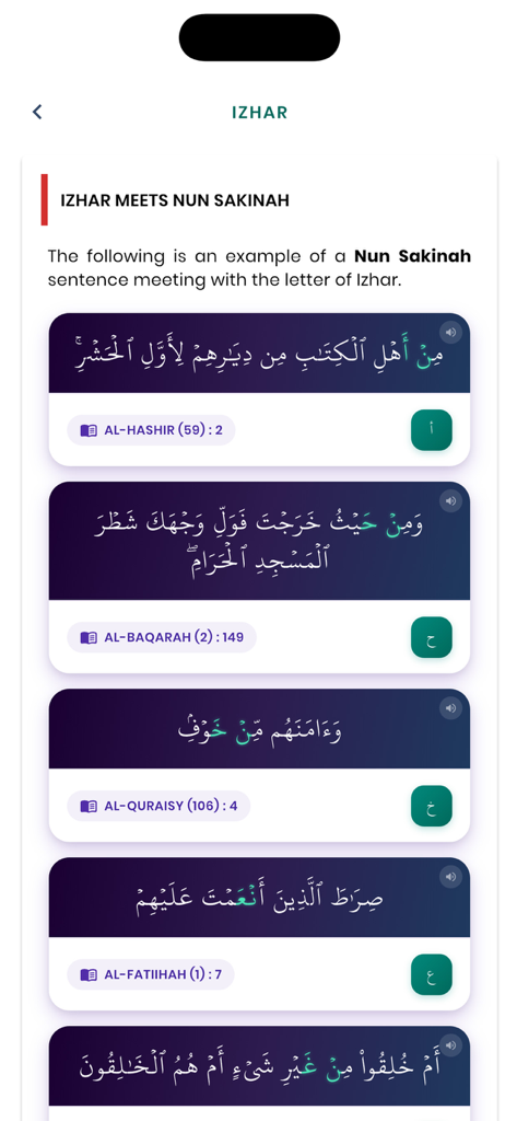 JomTajwid - A screenshot of the JomTajwid app showing Izhar recitation rules with color coded Quranic verse examples