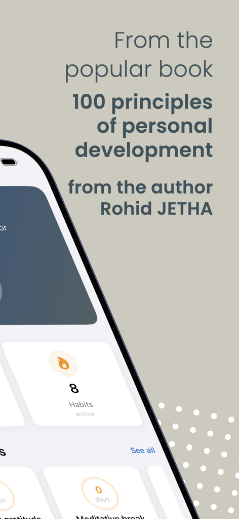 自己啓発とパーソナルデベロップメントアプリの紹介画面。100の原則と習慣トラッカーが表示されています。