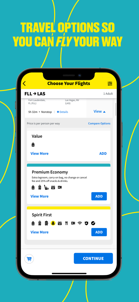 App móvil de Spirit Airlines que muestra diferentes opciones de viaje como Value y Spirit First para una reserva de vuelo.