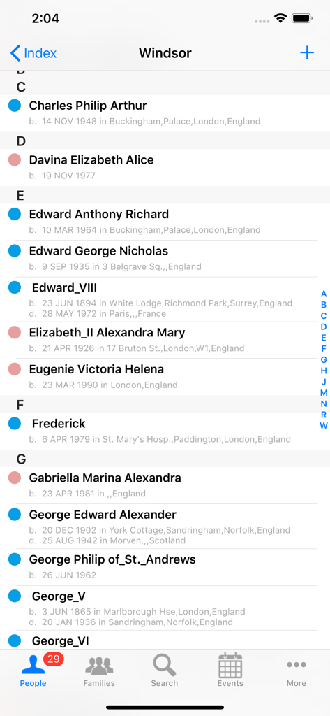 Eine Liste von Personen in einem Stammbaum mit Namen und Geburtsdaten in der GedView-App.