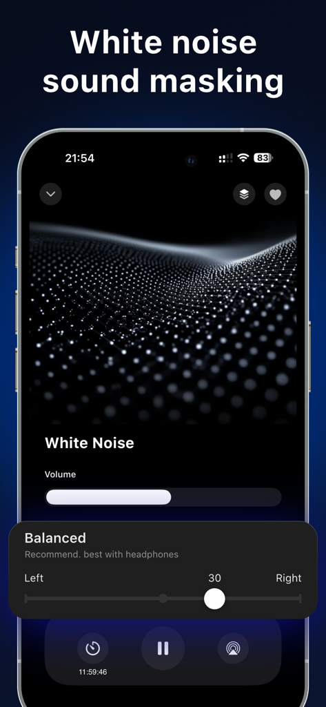 TinniSound: Tinnitus Relief - TinniSound app interface showing white noise masking and left-right ear balance control for tinnitus relief.