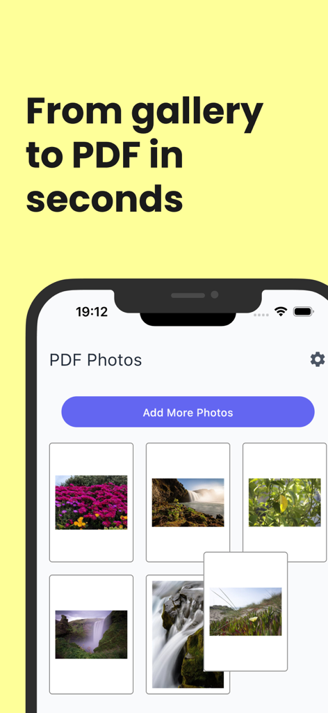 Photos to PDF Document - Tela de smartphone exibindo a interface do aplicativo Fotos para PDF com uma galeria de imagens prontas para conversão de documentos