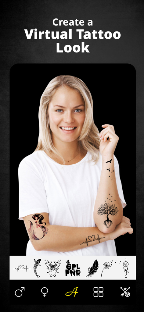 A woman visualizing virtual tattoos on her arms using the Tattoo Maker Design Editor app
