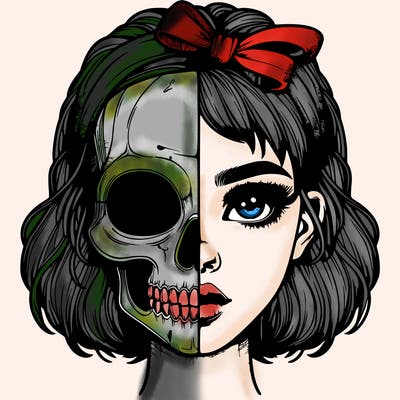 realistic girl with half skull mask