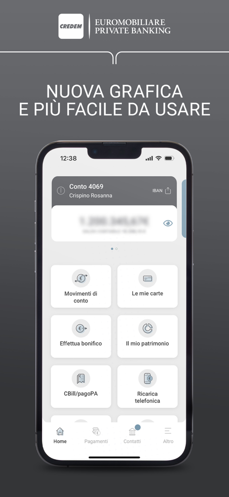Credem Euromobiliare PB - Dashboard dell'app mobile Credem Euromobiliare Private Banking che mostra una panoramica dei conti e dei servizi
