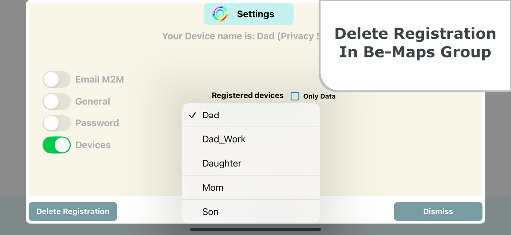 Be-Maps - Pantalla de configuración en la aplicación Be-Maps que muestra una lista de dispositivos familiares registrados con una opción para eliminar el registro