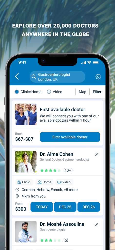 Air Doctor app interface showing a list of vetted gastroenterologists in London with options to book clinic home or video consultations