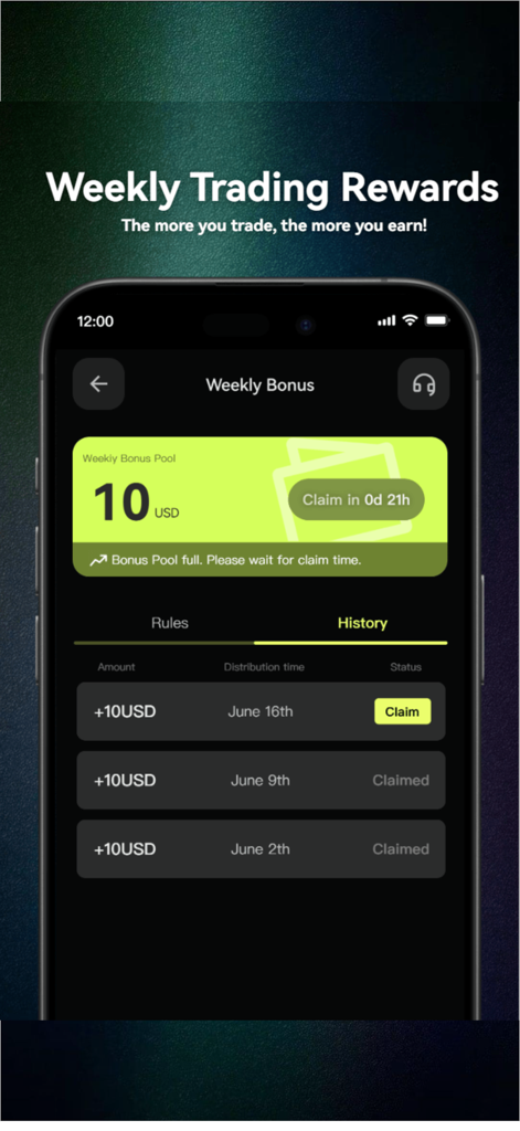 Mobile screen showing weekly bonus pool and history for gift card trading rewards