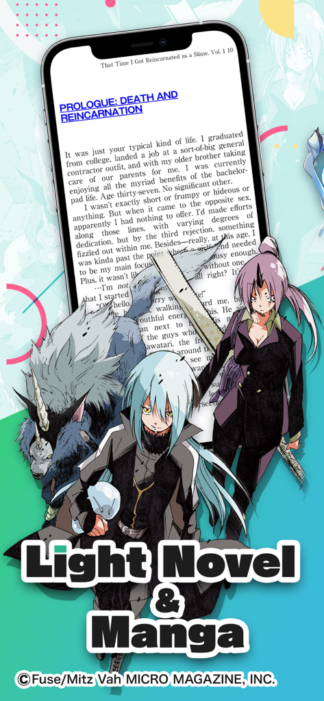 Book Walker app showing a light novel page from That Time I Got Reincarnated as a Slime on a smartphone screen with anime characters.