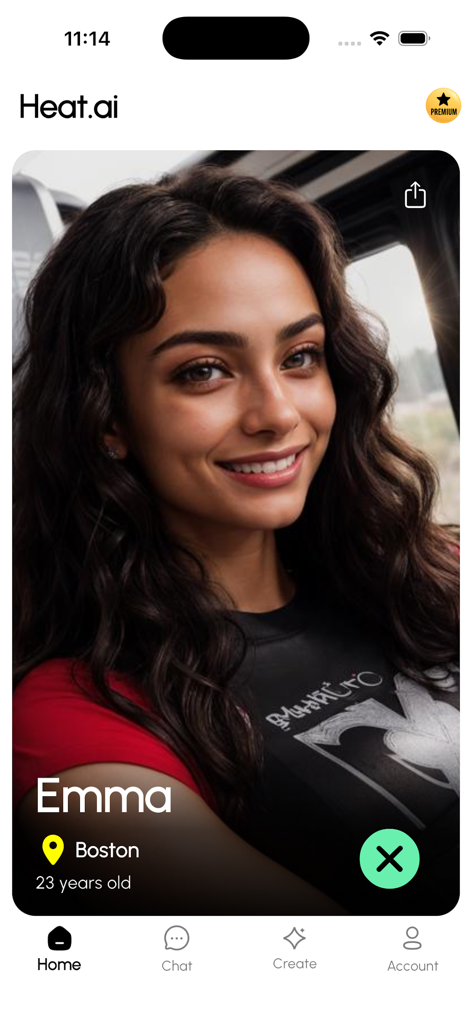 Heat. Ai Girlfriend Dating App - User interface of Heat.ai dating app showing a profile for an AI character named Emma with location and age details.