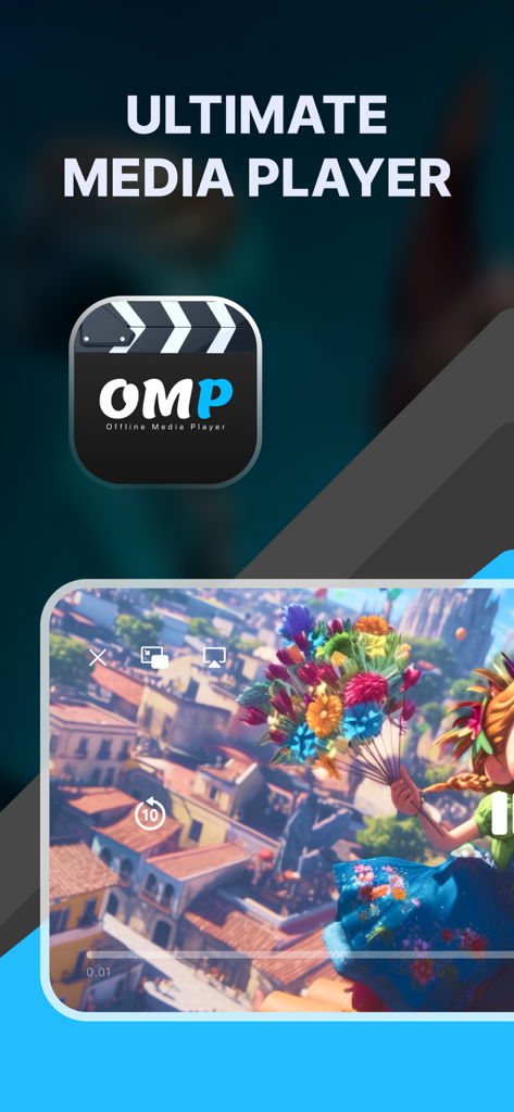 OMP - Offline Media Player - OMP Offline Media Player app interface showing high-quality video playback of an animated movie.