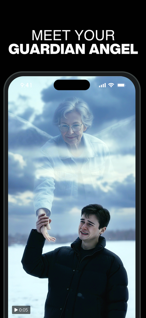 An AI generated video showing a translucent guardian angel comforting a young man in a snowy landscape