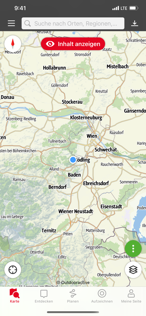 A topographic map of the Vienna region in Austria displayed within the Naturfreunde Tourenportal mobile app