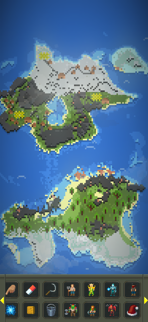 WorldBox - God Sandbox - 월드박스 신 샌드박스의 픽셀 아트 섬과 도구 메뉴의 탑 다운 뷰