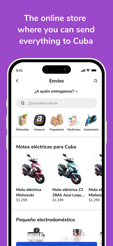 Cuballama app store interface for sending products like food and electric bikes to Cuba