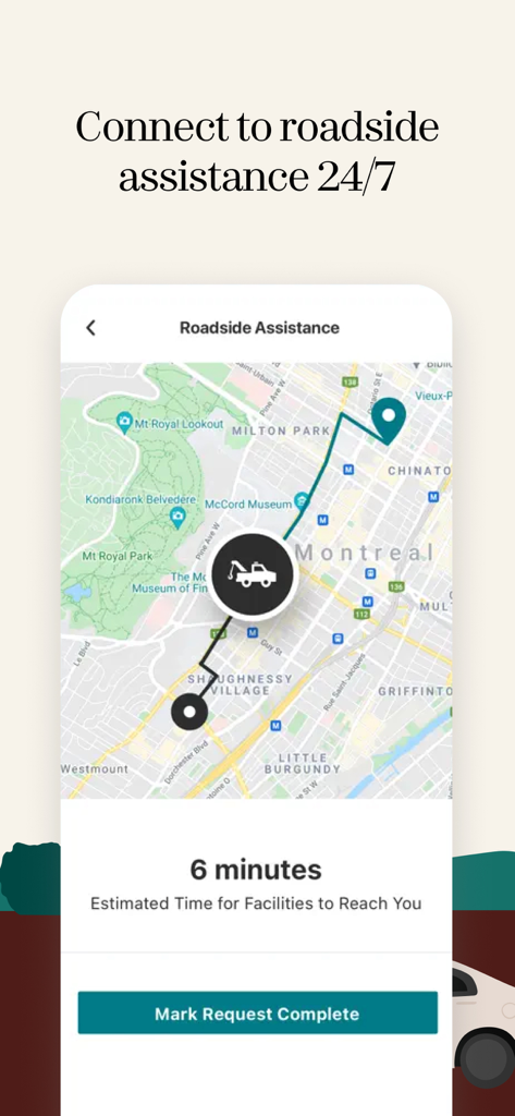 Intact Insurance: Mobile app - Intact Insuranceアプリでのリアルタイムロードサイドアシスタンス追跡と推定到着時間。