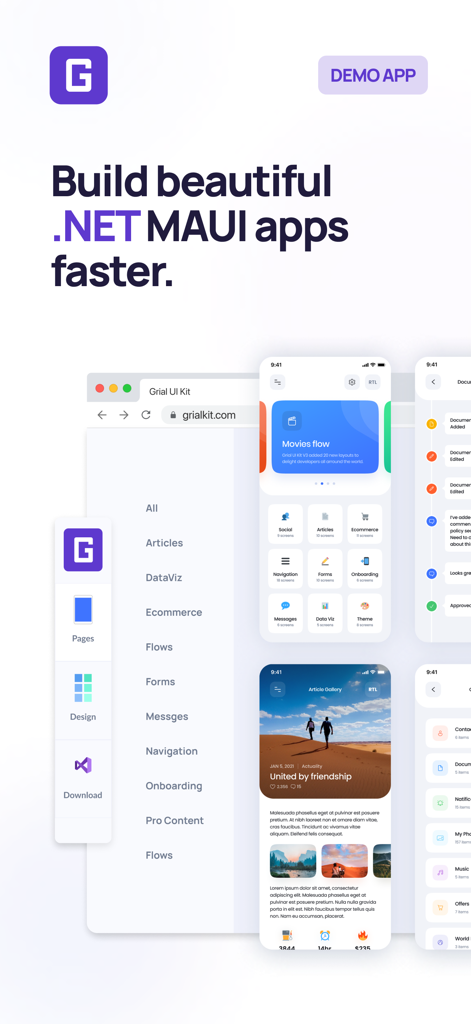 Grial UIKit - Grial UIKit promotional screen showcasing various NET MAUI mobile app templates and developer tools