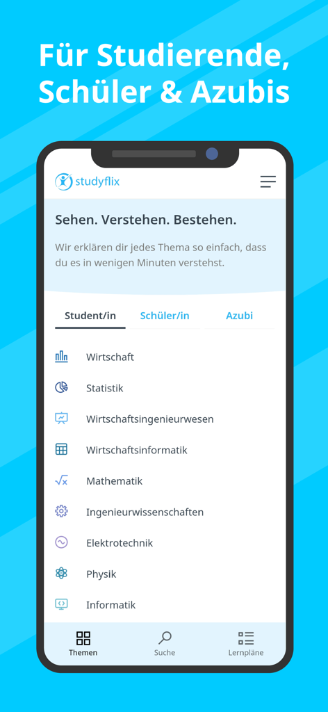 Studyflix - Deine Lernapp - Pantalla de inicio de la aplicación móvil Studyflix que muestra una lista de materias educativas para estudiantes