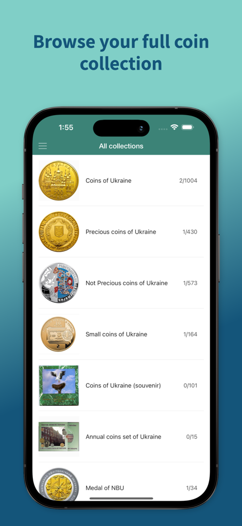 Categorías de colecciones de monedas ucranianas mostradas en un teléfono móvil
