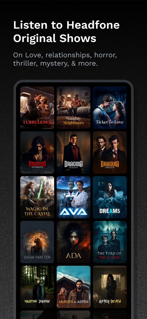 Headfone: Premium Audio Dramas - A display of original audio drama series covers on Headfone including romance, horror, and thriller genres.