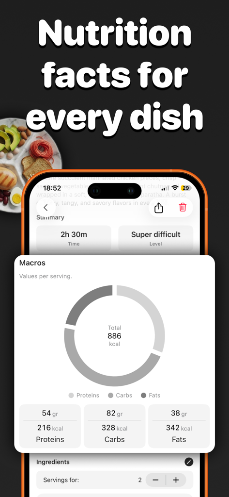 Recipe keeper & macros - Kuk - Mobile screen showing macro nutrition facts including calories protein carbs and fats for a recipe