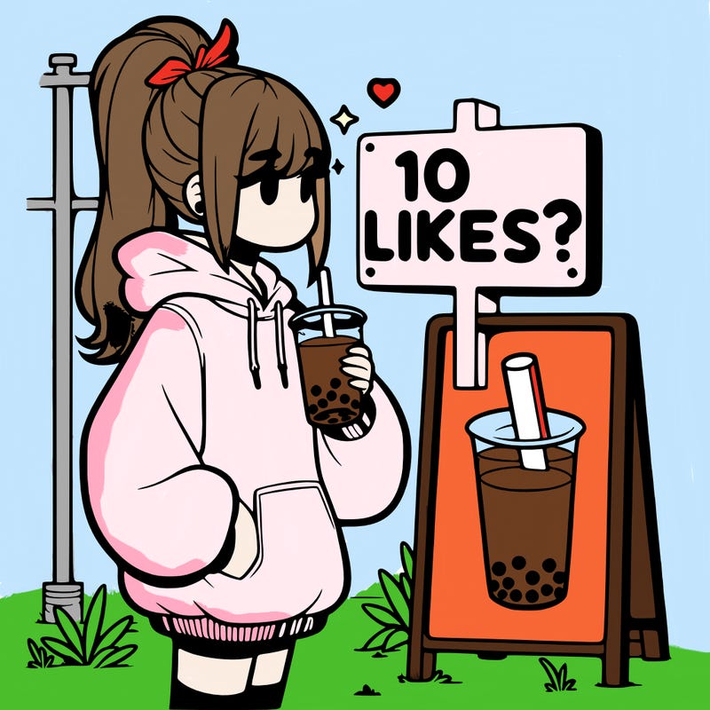 girl with oversized hoodie drinking boba and she has a high ponytail with a sign that says 10likes?