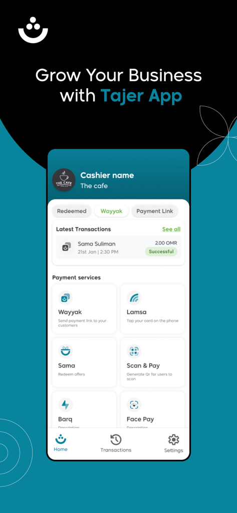 Thawani Tajer - Panel del comerciante de la aplicación Thawani Tajer que muestra servicios de pago e historial de transacciones recientes