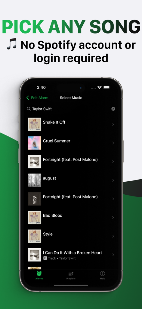MusicClock app interface showing a list of songs to select as a personalized morning alarm.