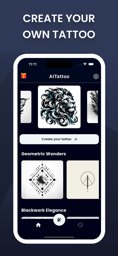 AI Tattoo Generator, Designs - Smartphone screen displaying the AI Tattoo Generator app with a detailed lion head design and geometric tattoo categories