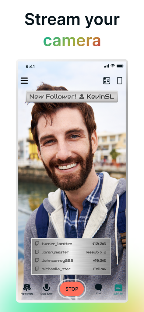 Streamlabs: Live Streaming App - A man streaming live with the Streamlabs app showing follower alerts and chat