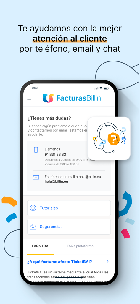 Presupuestos y facturas Billin - Interfaz de la aplicación de facturación Billin que muestra detalles de contacto de soporte al cliente y Preguntas Frecuentes sobre TicketBAI.