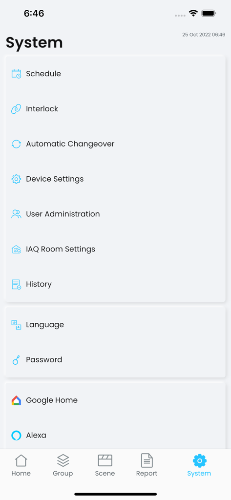System settings screen of Reiri Home app showing automation options and smart home integrations